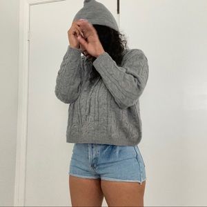 Gray cable knit cropped sweater with hood